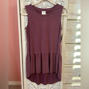 Anthropologie Mote burgundy Peplum tunic Lagenlook, flowy, sheer bottom tank SM